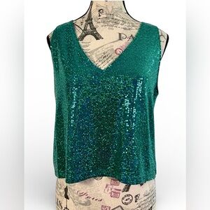 If She Loves Emerald Disco Green Sequin V-Neck Crop Top Size L- USA